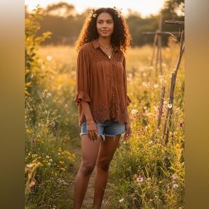 Kaktus Brown Lace Detail Blouse Boho